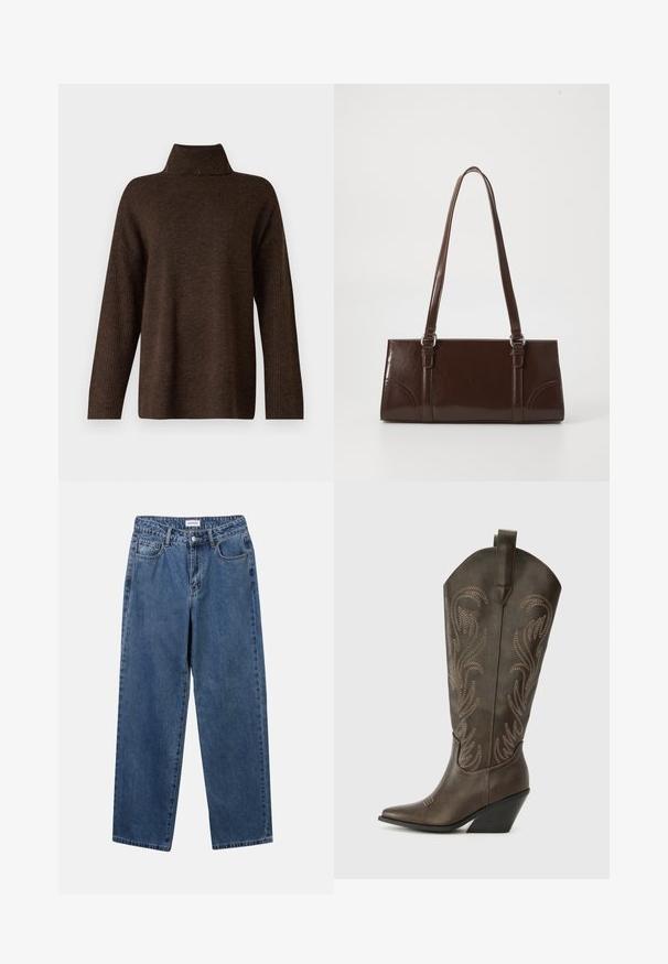 Brun strikket sweater med høj ribkant, brede ærmer og en blød tekstur. Har en afslappet pasform og ribbede detaljer på ærmerne.; Klassiske blå denimbukser med lige ben, fem lommer og knaplukning. Har en medium vask og en robust tekstur.; Brune læder cowboystøvle med spids tå, kilehæl og dekorativ broderi. Har en høj stok og en trækflap.; Brun lakeret håndtaske med rektangulær form, to lange håndtag og subtile buede detaljer på fronten.
