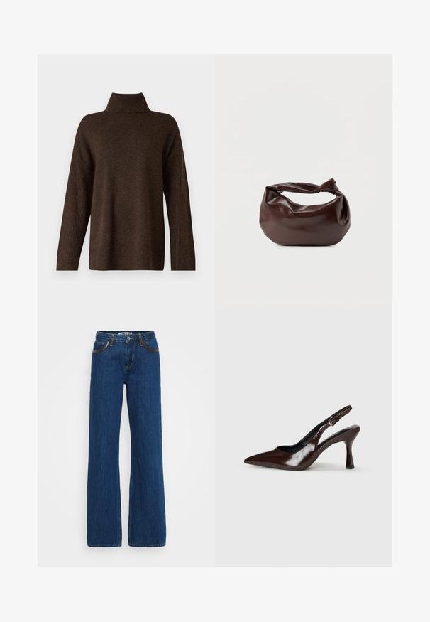 Brun strikket sweater med høj ribkant, brede ærmer og en blød tekstur. Har en afslappet pasform og ribbede detaljer på ærmerne.; Blå denim flared jeans med kontrastsyninger, fem-lomme design og lynlåslukning. Stoffet har en blød tekstur med let falming.; Brune patenterede læderslingback-sandaletter med spids tå, en tynd hæl og justerbar rem med en lille spænde.; Mørkebrun læder skuldertaske med en blød, afslappet form og et snoet knudehåndtag på en ensartet hvid baggrund.
