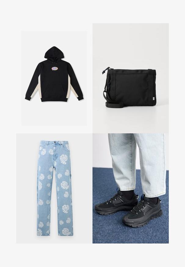 Sweat à capuche noir avec panneaux latéraux crème, poche avant kangourou, et un logo ovale coloré sur la poitrine. Fabriqué en tissu doux.; Jean en denim bleu clair avec des motifs de coquillage en spirale blanche, coupe droite, poches avant et passants de ceinture.; Des chaussures de sport noires avec un tissu texturé et des semelles en caoutchouc, dotées de lacets élastiques et d'un accent bleu au talon. Portées avec un pantalon en denim clair.; Sac à épaule en tissu noir avec un extérieur texturé, une sangle ajustable et une fermeture à cordon. Il présente des coutures audacieuses et une étiquette sur le côté.