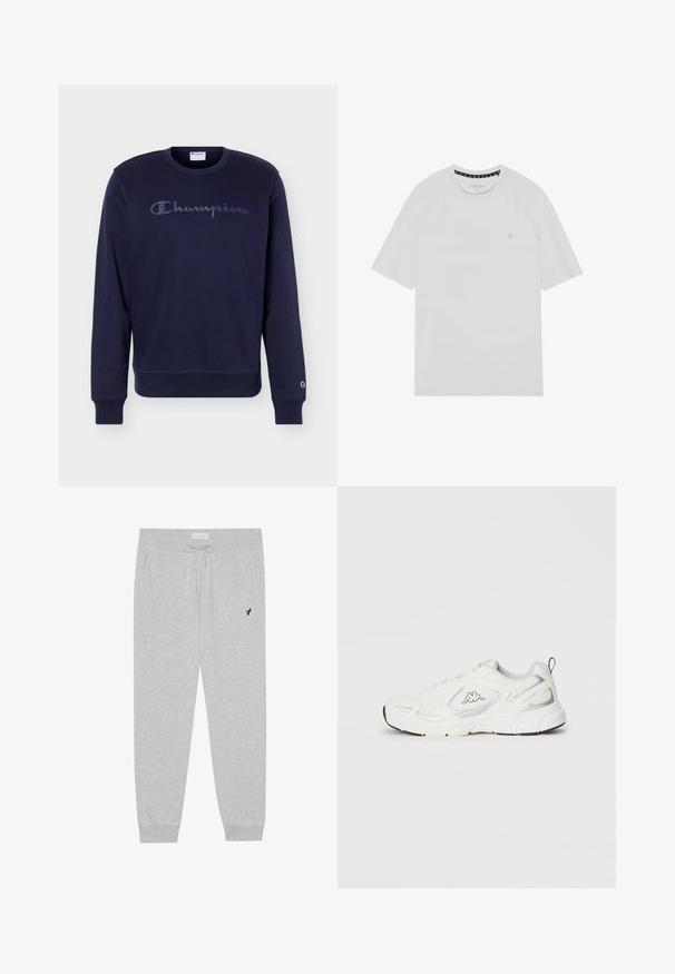 Μακρυμάνικο μπλε sweatshirt με το λογότυπο "Champion" στο στήθος και μικρό κεντημένο λογότυπο στο αριστερό μανίκι.; Λευκό μπλουζάκι κοντό μανίκι με στρογγυλή λαιμόκοψη, διαθέτει ράγκλαν μανίκια, μια διακριτική λογότυπο στο στήθος και αντίθετη επένδυση στον λαιμό.; Pier One by Zalando Παντελόνι φόρμας - hellgrau; Λευκό αθλητικό παπούτσι με πάνελ από δίχτυ, κλείσιμο με κορδόνια, μαύρο λογότυπο στο πλάι, μαλακή σόλα και θηλιά στο πίσω μέρος.