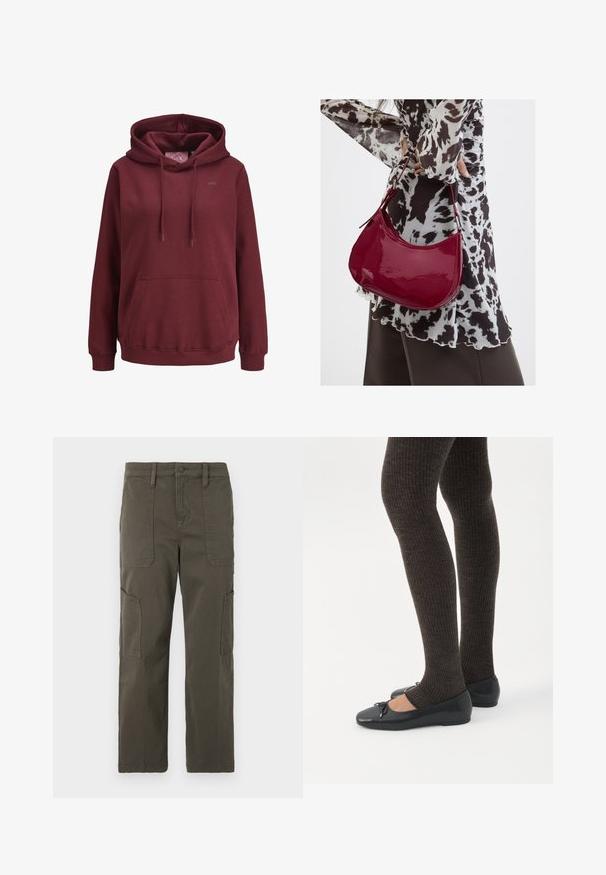 Burgundin huppari, joka on valmistettu pehmeästä kankaasta, jossa on edessä kengurutasku, säädettävät nauhat ja pieni logo rinnassa.; Good American CROPPED PANTS - Reisitaskuhousut - fatigue; Jalat, joissa tummat ribbineuleiset leggingsit yhdistettynä mustiin balettitossuihin, joissa on pienet rusettikoristeet valkoisella taustalla.; Nainen, jolla on mustavalkoinen kuviollinen pusero, pitää kiiltävää punaista olkalaukkua yksiväristä taustaa vasten.
