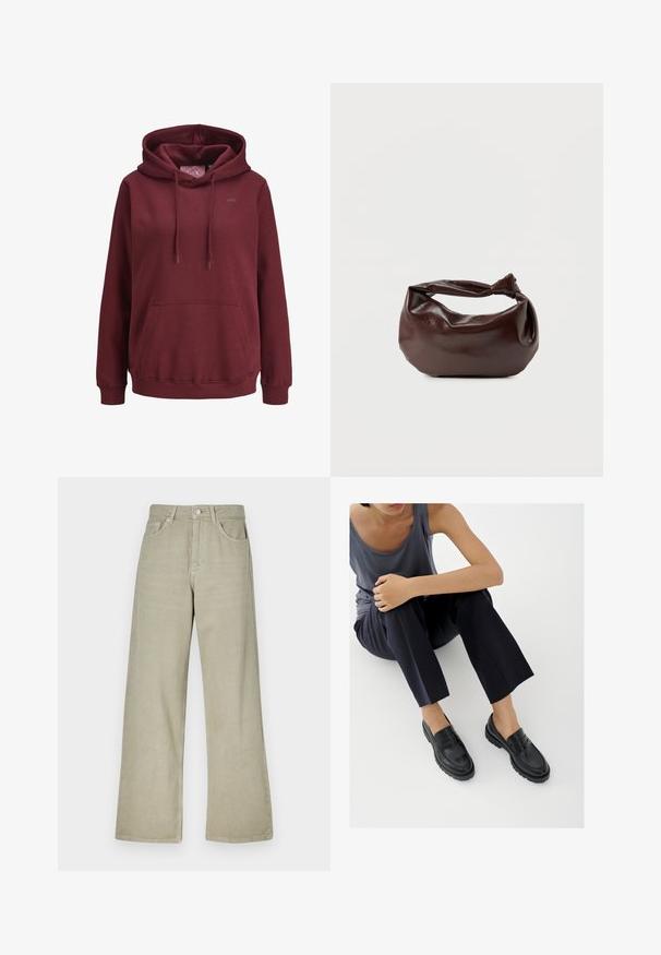 Bordeaux hoodie lavet af blødt stof med en front kangaroo-lomme, justerbare snore og et lille logo på brystet.; Khaki bredde ben jeans lavet af bomuldsblanding. Har en knaplukning, fem lommer og en ren, struktureret stofoverflade.; Sorte læderloafers med teksturerede detaljer, lav hæl, rund tå og synlige syninger. Modellen bærer mørke bukser og en grå top.; Mørkebrun læder skuldertaske med en blød, afslappet form og et snoet knudehåndtag på en ensartet hvid baggrund.