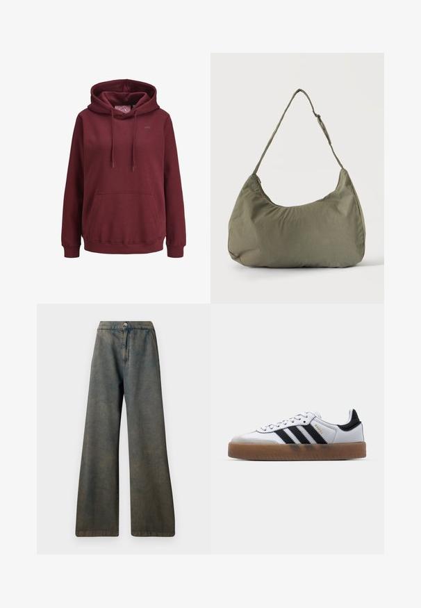 Bordeaux hoodie lavet af blødt stof med en front kangaroo-lomme, justerbare snore og et lille logo på brystet.; Mørkeblå vide jeans med høj talje, med lukkning foran med knapper og en diskret tekstur. Stoffet ser let falmet ud.; Hvide lædersneakers med sorte striber, gummirubber sål, rund tå, snørelukning og blød grå ruskinds tåhætte.; Skuldertaske i blødt olivengrønt stof med lynlås og justerbar rem på ensfarvet, lyst baggrund.