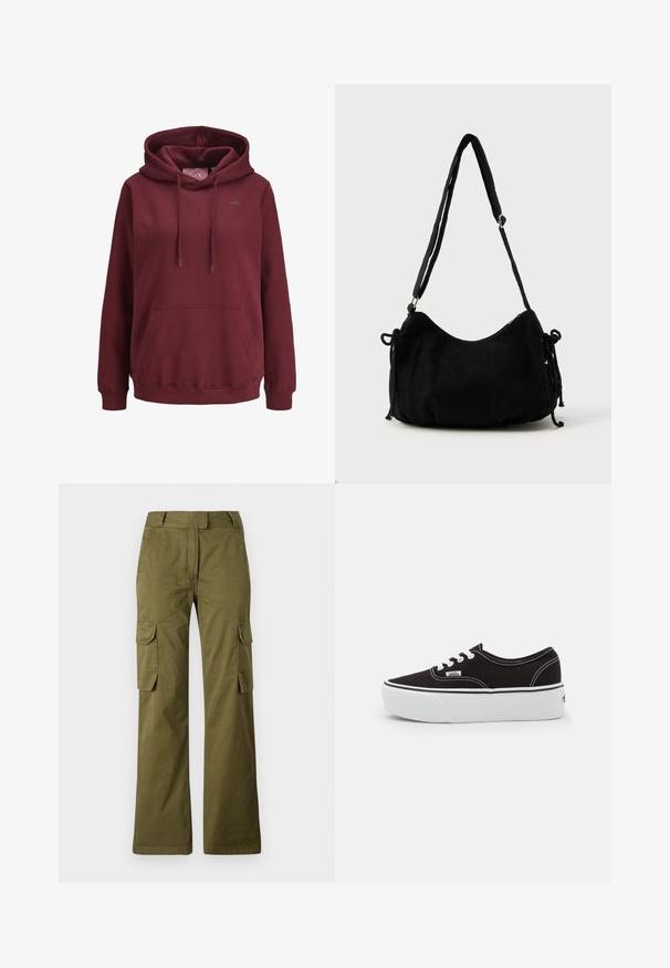 Bordeaux hoodie gemaakt van zachte stof met een voorzak, verstelbare trekkoorden en een klein logo op de borst.; Olijfgroene cargobroek van een katoenmix, met een rechte pijp, twee zijzakken en een knoopsluiting bij de taille.; Zwarte canvas sneaker met een witte rubberen platformzool, voorzien van witte veters en stiksels, iconische branding op de zijkant, low-top ontwerp.; Zwarte corduroy schoudertas met een gebogen vorm, een verstelbare schouderband en trekkoordsluitingen aan beide zijkanten voor maataanpassing.