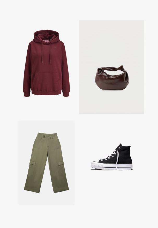 Bordeaux hoodie lavet af blødt stof med en front kangaroo-lomme, justerbare snore og et lille logo på brystet.; Olivengrønne cargo bukser med høj talje, brede ben og to store sidelommer. Fremstillet af glat stof med knaplukning.; Sort high-top canvas sneaker med hvid gummisål og hvide snørebånd, vist fra siden mod en hvid baggrund.; Mørkebrun læder skuldertaske med en blød, afslappet form og et snoet knudehåndtag på en ensartet hvid baggrund.