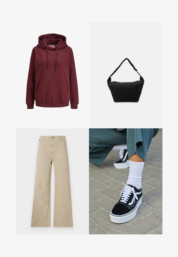 Bordeaux hoodie lavet af blødt stof med en front kangaroo-lomme, justerbare snore og et lille logo på brystet.; Beige brede bukser lavet af bomuld. Har en knaplukning, bæltestropper og sidelommer. Glat, robust tekstur med et klassisk design.; Sorte ruskinds sneakers med hvide accenter og snørebånd, der har en tyk hvid sål og kontrasterende syninger, parret med en hvid sok.; Sort stof skuldertaske med en blød tekstureret overflade, rund form og en enkelt rem. Minimalistisk design uden synligt hardware eller accenter.