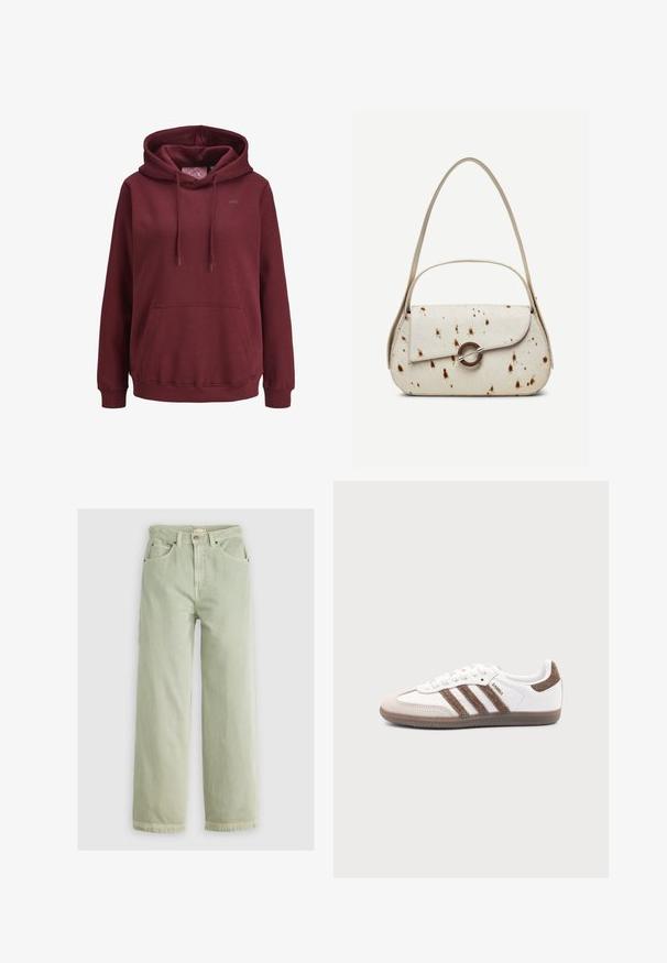 Bordeaux hoodie lavet af blødt stof med en front kangaroo-lomme, justerbare snore og et lille logo på brystet.; Lysegrønne højtaljede straight-leg jeans med for- og baglommer, knaplukning og bæltestropper mod en ensfarvet baggrund.; Hvid Adidas Samba sneaker med brune ruskindstriber, brun gummisål og beige ruskindståhætte, vist fra ydersiden på en ensfarvet baggrund.; Kremfarvet håndtaske med brune prikker, buet klap med rund metalspænde, med to tynde stropper, hvoraf den ene er længere til skulderbrug.