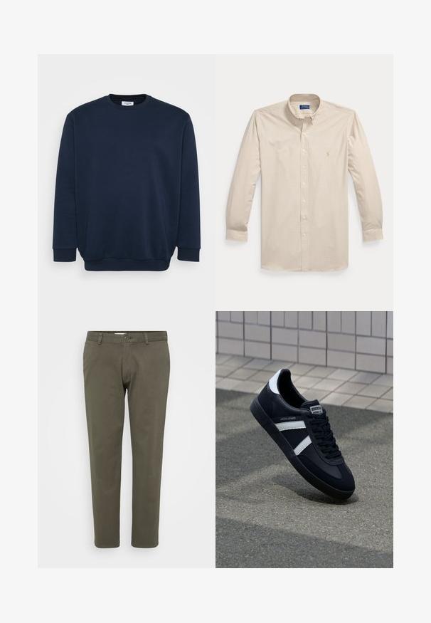 Marineblå sweatshirt lavet af blød bomuldsblanding, med rund hals, lange ærmer og ribbede manchetter og kant. Minimalistisk design uden mønstre.; Langærmet beige og hvid ternet knap-op skjorte med krave og Polo Ralph Lauren-logo på venstre bryst.; Olivenfarvede bukser lavet af en bomuldsblanding. Lige ben design med flad front, knaplukning og bæltestropper. Glat tekstur.; Sort lædersneaker med hvide striber, tekstureret gummisål og snørrebånd foran. Har et brandet mærke på tungen.