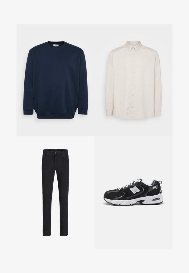 Sweatshirt bleu marine en mélange de coton doux, avec un col rond, des manches longues et des poignets et ourlet côtelés. Design minimaliste sans motifs.; Chemise à manches longues en coton beige clair. Dotée d'un col classique, d'une fermeture à boutons sur toute la longueur et de poignets à boutons. Texture lisse.; Jean slim noir avec fermeture avant par bouton et zip, design cinq poches et passants de ceinture.; Baskets de sport noires et grises avec un tige en mesh et en suède, présentant une semelle intermédiaire blanche, des lacets et un logo "N" audacieux sur le côté.