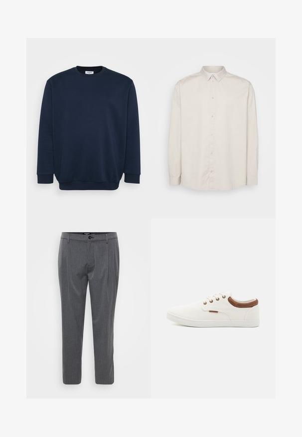 Marineblå sweatshirt lavet af blød bomuldsblanding, med rund hals, lange ærmer og ribbede manchetter og kant. Minimalistisk design uden mønstre.; Langærmet skjorte i lys beige bomuld. Har en klassisk krave, fuld knaplukning og manchetter med knapper. Glat tekstur.; Grå stribede bukser lavet af vævet stof, med flad front, bæltestropper og en enkelt knaplukning. Skåret pasform og opkradede ben.; Hvide lærreds sneakers med en glat overflade, brune læderdetaljer ved hælen og fem metaløjer til snørebånd. Har en flad gummisål.