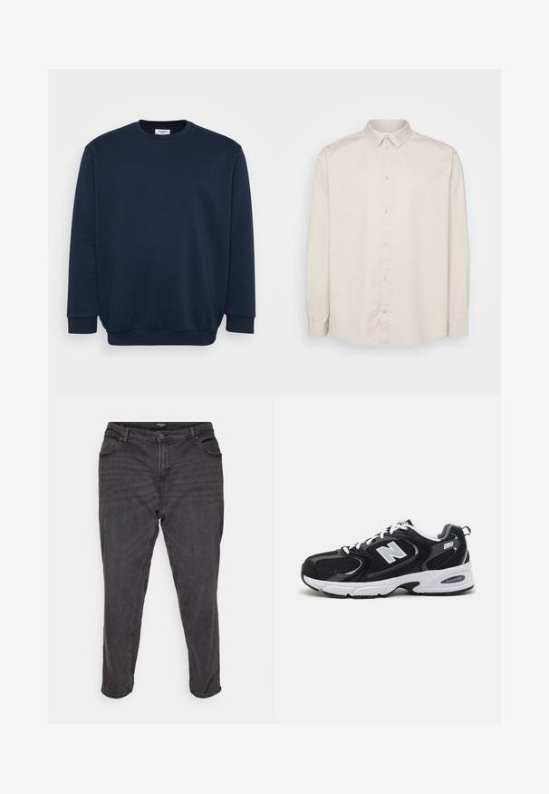 Marineblå sweatshirt lavet af blød bomuldsblanding, med rund hals, lange ærmer og ribbede manchetter og kant. Minimalistisk design uden mønstre.; Langærmet skjorte i lys beige bomuld. Har en klassisk krave, fuld knaplukning og manchetter med knapper. Glat tekstur.; Sorte denim jeans med lige ben, der har en knaplukning, sidelommer og subtile falmninger, hvilket giver et klassisk udseende.; Sorte og grå sportssko med mesh og ruskind på overdelen, der har en hvid mellemsål, snørebånd og et iøjnefaldende "N" logo på siden.