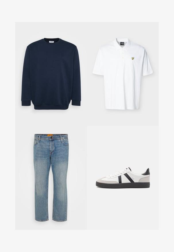 Sweatshirt bleu marine en mélange de coton doux, avec un col rond, des manches longues et des poignets et ourlet côtelés. Design minimaliste sans motifs.; Polo blanc à manches courtes avec col, trois boutons, et petit logo d'oiseau jaune sur la poitrine gauche.; Jean en denim bleu clair avec une coupe droite, comportant cinq poches, une fermeture à bouton et une étiquette de marque orange sur la ceinture.; Baskets blanches avec des accents noirs et gris, présentant un embout texturé gris, une semelle en caoutchouc noir et des lacets plats blancs. Design épuré, style minimaliste.