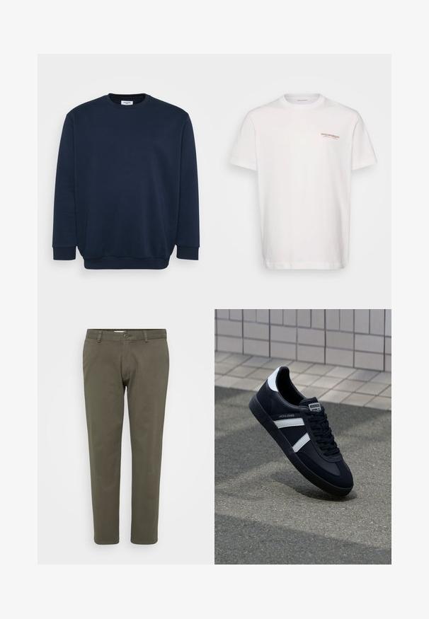Marineblå sweatshirt lavet af blød bomuldsblanding, med rund hals, lange ærmer og ribbede manchetter og kant. Minimalistisk design uden mønstre.; Hvid bomulds t-shirt med rund halsudskæring. Egenskaber inkluderer et lille brunt logo på venstre bryst. Korte ærmer og en afslappet pasform.; Olivenfarvede bukser lavet af en bomuldsblanding. Lige ben design med flad front, knaplukning og bæltestropper. Glat tekstur.; Sort lædersneaker med hvide striber, tekstureret gummisål og snørrebånd foran. Har et brandet mærke på tungen.