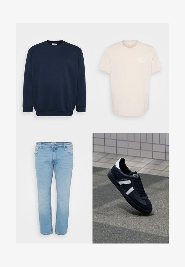 Marineblå sweatshirt lavet af blød bomuldsblanding, med rund hals, lange ærmer og ribbede manchetter og kant. Minimalistisk design uden mønstre.; Lys beige bomulds T-shirt med rund halsudskæring, korte ærmer og et lille hvidt logo på venstre brystområde. Glat tekstur.; Lyseblå denim jeans med lige ben, fem lommer, diskret falmning og knaplukning. Syning på lommerne.; Sort lædersneaker med hvide striber, tekstureret gummisål og snørrebånd foran. Har et brandet mærke på tungen.