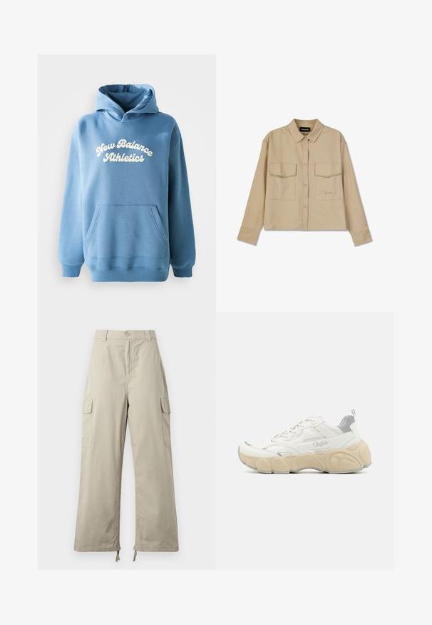 Sweat à capuche bleu en tissu coton mélangé, doté d'une poche kangourou et d'un logo blanc "New Balance Athletics" sur le devant.; Chemise beige à manches longues en tissu doux, dotée d'une fermeture à boutons, de deux poches poitrine et d'un ourlet droit. Broderie discrète du logo à l'avant.; Pantalons cargo beige clair avec une coupe décontractée, dotés d'une fermeture à bouton, de poches latérales et d'un ourlet ajustable avec des liens. Texture de tissu lisse.; Basket blanche avec tige en mesh et en cuir lisse, dotée d'un col rembourré, d'une semelle en caoutchouc texturée et de subtils accents métalliques.