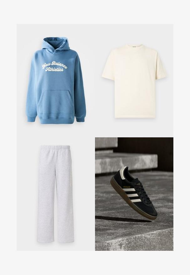 Sinine kapuutsiga särk, mis on valmistatud puuvillasega segatud kangast, millel on ees suured taskud ja valge "New Balance Athletics" logo.; Kreemikas puuvillane T-särk lühikeste varrukate, ümara kaelaauguga ja väikese logoga esiküljel. Lihtne disain, pehme tekstuur ja lõdvestunud lõige.; Helehallid lahtise lõikega dressipüksid, millel on elastne vöökoht ja peen külgmine graafika valgel taustal.; Must Adidas toss, valgete triipude ja kummist Tallaga, hõljumas halli betoonastmete kohal loomulikus valguses.