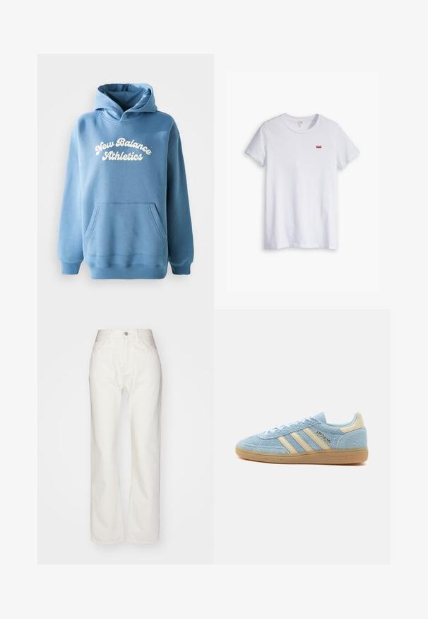 Sudadera azul hecha de una mezcla de algodón, con un bolsillo canguro y un logo blanco de "New Balance Athletics" en la parte delantera.; Camiseta de algodón blanca de manga corta y escote redondo. Presenta un pequeño logo rojo de Levi's en la zona del pecho izquierdo.; Pantalones de mezclilla blanca con una alta cintura y un ajuste de pierna ancha. Presenta un cierre de botón y cremallera, presillas para cinturón y detalles de costura sutil.; Zapatilla Adidas de ante azul claro con rayas beige y lengüeta en el talón, suela de goma y la marca "SPEZIAL" en el lateral.