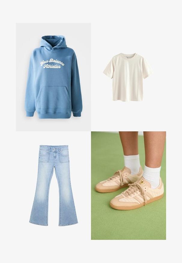 Modrá mikina s kapucňou vyrobená z bavlneného zmesi, s klokankovou kapsou a bielym logom "New Balance Athletics" na prednej strane.; Jednoduché biele tričko s krátkym rukávom vyrobené z jemnej bavlny. Obsahuje okrúhly výstrih a voľný strih. Žiadne viditeľné vzory ani akcenty.; Svetlomodré džíny s vysokým pásom a zvonovým strihom, dvoma prednými vreckami, dvojitým zapínaním na gombíky a jemným vyblednutím na stehnách a kolenách.; Nohy v béžových tkaných teniskách Adidas s gumovými podrážkami a bielymi členkovými ponožkami na zeleno textúrovanom podlahe.
