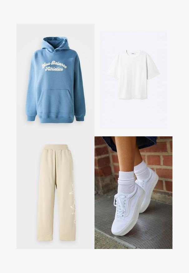Blauwe hoodie van een katoenmix, met een kangoeroezak en een wit "New Balance Athletics" logo op de voorkant.; Witte T-shirt met korte mouwen en een ronde hals met rechte zoom, met een "WEEKDAY" merklabel aan de binnenkant van de hals.; Beige, relaxed-fit joggingbroek met een elastische tailleband, zijzakken en een witte grafische print langs het linkerdeel van het been. Zachte katoenmateriaal.; Witte canvas sneakers met rubberen zolen, voorzien van zes vetertjes, een ronde neus en lichte stikdetails, gecombineerd met witte enkelsokken.