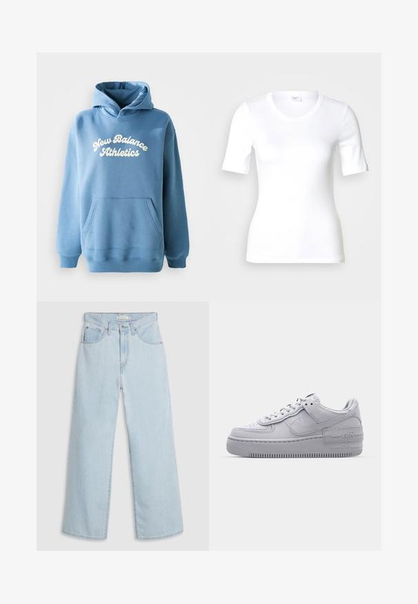 Sweat à capuche bleu en tissu coton mélangé, doté d'une poche kangourou et d'un logo blanc "New Balance Athletics" sur le devant.; T-shirt blanc à manches courtes en coton lisse, doté d'un col rond et d'une coupe ajustée. Design classique, sans motifs ni accents.; Jean large en denim bleu clair à taille haute, avec une fermeture à bouton et zip, deux poches avant et des détails de couture subtils.; Basket en cuir lisse gris Nike Air Force 1 avec un bout perforé, une semelle épaisse et un détail 'AIR' en relief sur le talon.