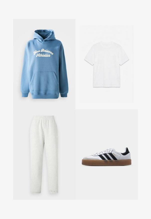 Blauwe hoodie van een katoenmix, met een kangoeroezak en een wit "New Balance Athletics" logo op de voorkant.; Effend wit T-shirt met korte mouwen en ronde hals, plat gelegd op een witte achtergrond.; Lichtgrijze sweatpants met een elastische tailleband, taps toelopende pijpen en ribgebreide manchetten. Gemaakt van een zachte, gestructureerde stof. Witte logodetail aan de zijkant.; Witte leren sneakers met zwarte strepen, gumrubberen buitenzool, ronde neus, vetersluiting en een zachte grijze suède neuskap.