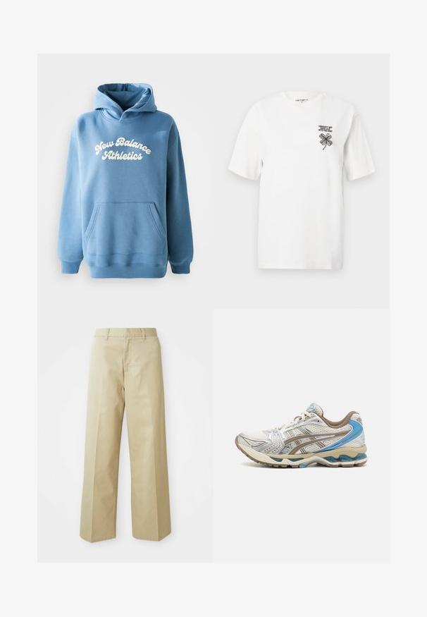 Modrá mikina s kapucňou vyrobená z bavlneného zmesi, s klokankovou kapsou a bielym logom "New Balance Athletics" na prednej strane.; Biela bavlnená tričko s krátkymi rukávmi, okrúhlym výstrihom a čiernym vyšívaným ďatelinou s textom na ľavej strane hrude.; Béžové široké nohavice vyrobené z bavlny s hladkou textúrou. Majú rovný strih, pútka na opasok a predné vrecká.; Bielo-béžová bežecká obuv s modrými akcentmi, sieťovinovým zvrškom, polstrovanou podrážkou a šnurovaním, zobrazená z vonkajšej strany.
