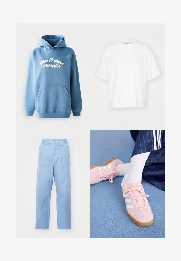 Blauwe hoodie van een katoenmix, met een kangoeroezak en een wit "New Balance Athletics" logo op de voorkant.; Witte katoenen t-shirt met een ronde hals, korte mouwen en een ontspannen pasvorm. Heeft een subtiel logo op het linkerborstgedeelte. Zachte textuur.; Lichtblauwe denimbroek met een rechte pijpdesign, knoopsluiting en voorzakken. De stof heeft een subtiele textuur met een gladde afwerking.; Lichtroze suède sneakers met witte strepen en veters, voorzien van een gestructureerde tong en een gumzool, geplaatst op een blauwe tapijt.