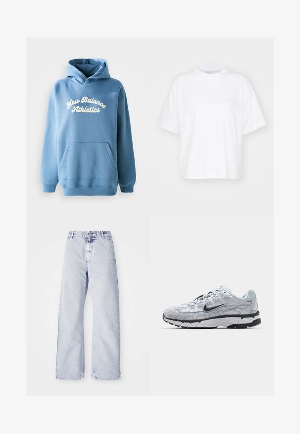 Sinine kapuutsiga särk, mis on valmistatud puuvillasega segatud kangast, millel on ees suured taskud ja valge "New Balance Athletics" logo.; Valge puuvillane t-särk ümmarguse kaelusega, lühikeste varrukatega ja lõdgalt istuv. Vasakul rinnal on peen logo. Sile tekstuur.; Heledad sinised laiad säärised teksad kõrge vöökoha, nupuga kinnituse ja viie tasku disainiga. Pehme tekstuur ja nähtavad õmblemise detailid.; Nike P-6000 tenniset heleda halli võrgust pealteega, mustade aktsentidega ja vastupidava musta kummist tallaga. Omab keerukat disaini ja paeltesüsteemi.