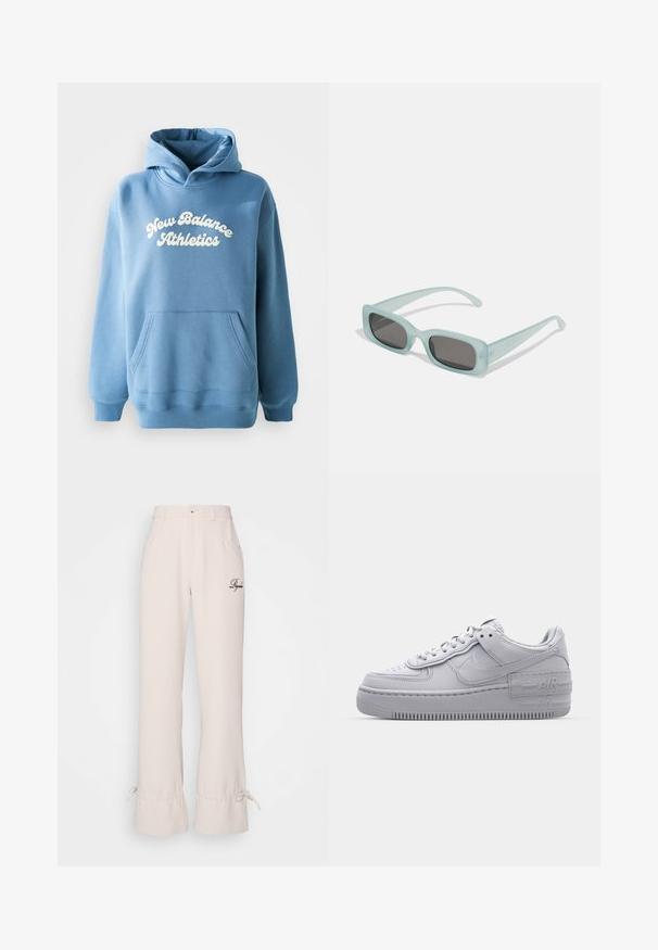 Blauwe hoodie van een katoenmix, met een kangoeroezak en een wit "New Balance Athletics" logo op de voorkant.; Beige high-waisted wijde broek met voorzakken, subtiele ruffles aan de zoom en geborduurd logo in donkerbruin.; Grijze Nike Air Force 1 sneaker met geperforeerde neus, glad leren bovenwerk, dikke zool en verhoogde 'AIR' details op de hiel.; Een paar rechthoekige zonnebrillen met lichtblauwe doorzichtige monturen en donkergrijze glazen, met rechte pootjes en minimale hardwaredetails.