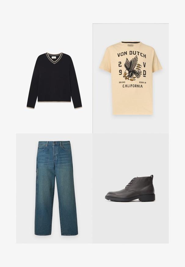 WOOD WOOD WWCOBEK V-NECK - Neule - salute; Beige t-paita, jossa suuri mustan ja oranssin värinen kotka-aiheinen kuva, teksti "Von Dutch", numerot "29" ja "V D" sekä teksti "Brand Born in California".; Denim-farkut keskiharmaassa sinisessä, väljällä istuvuudella, suorilla lahkeilla ja klassisella viiden taskun mallilla. Varustettu vyölenkeillä ja nappisululla.; Musta nahkasaapas nilkkamitoituksella, jossa on teksturoitu pinta, pyöreä kärki, nauhakiinnitys ja matala, tukeva kumipohja. Sivussa logo-teksti.
