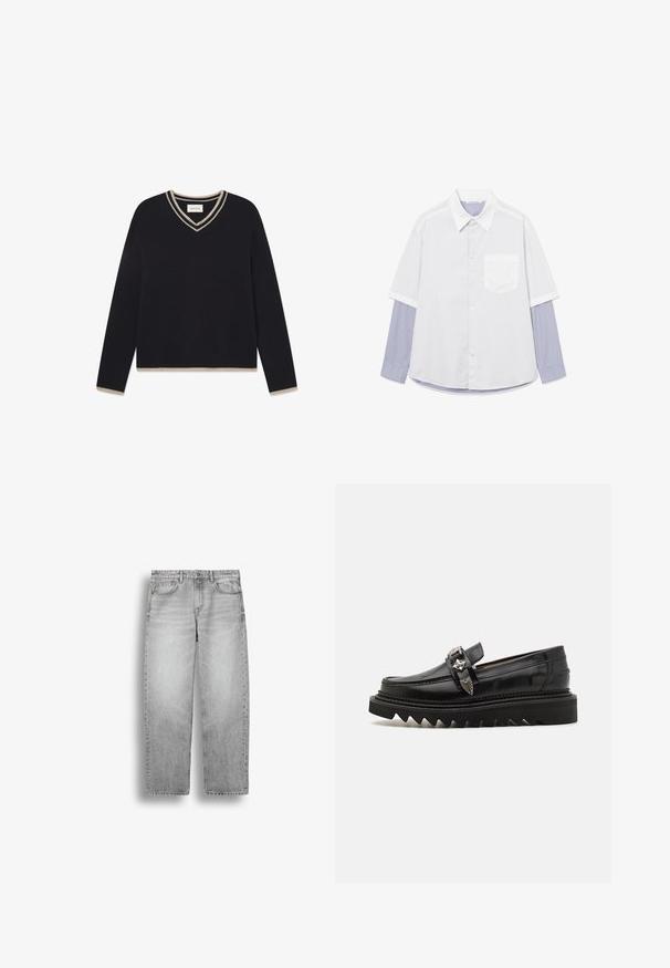 WOOD WOOD WWCOBEK V-NECK - Striktrøje - salute; Hvid kortærmet skjorte lagdelt over en blå og hvid stribet langærmet skjorte med knappede manchetter og brystlomme foran.; Lysegrå straight-leg denimjeans med forlommer og knaplukning, vist fladt på en hvid baggrund.; Sorte læder loafers med sølv hardware detaljer, en forhøjet zigzag sål og et slankt, afrundet design; glat tekstur og blank finish.