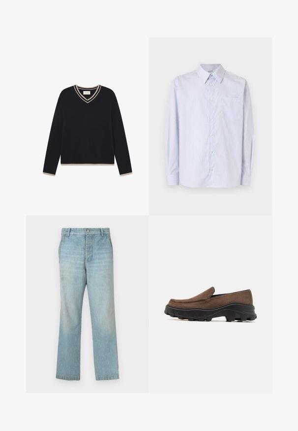WOOD WOOD WWCOBEK V-NECK - Striktrøje - salute; Hvid skjorte med tynde, lodrette blå striber, lange ærmer, knapper foran, spids krave og brystlomme på venstre side.; Lyseblå denimjeans med en lige pasform. Har en falmet tekstur og subtile slidmærker. Inkluderer en frontknap og lynlåslukning.; Brun ruskinds slip-on sko med en tykk sort gummisål, der har markante trækmønstre og et glat, afrundet tådesign.