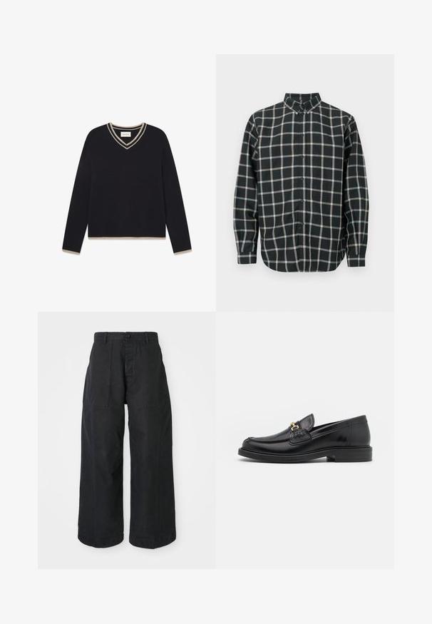 WOOD WOOD WWCOBEK V-NECK - Svetrík - salute; Čierna košeľa s kockovaným vzorom, zapínaním na gombíky pri golieri, dlhými rukávmi a viacfarebnou mriežkovanou potlačou. Vyrobená z mäkkej, textúrovanej látky.; Čierne nohavice s širokými nohavicami vyrobené z plátna s uzáverom na gombík, s dvoma prednými vreckami a uvoľneným strihom.; Čierne kožené loafers so zaoblenou špičkou, s pozlátenými kovovými prvkami a detailným šitím, uložené na nízkej, textúrovanej gumenej podrážke.