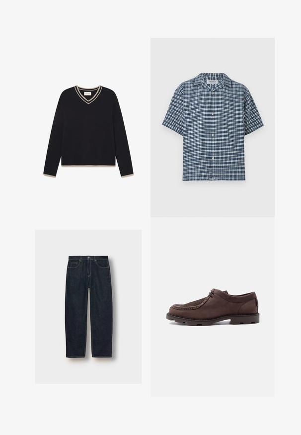 WOOD WOOD WWCOBEK V-NECK - Trui - salute; Korte mouwen blouse met knopen, marineblauw-wit ruitpatroon, brede kraag en vier knopen aan de voorkant.; Donkerblauwe denim jeans met een losse pasvorm, vijf zakken en contrasterende stiksel. Voorzien van een knoop- en ritssluiting. Gladde textuur.; Bruine leren veterschoen met dikke geribbelde zool en moc toe-stiksels op een effen lichte achtergrond.
