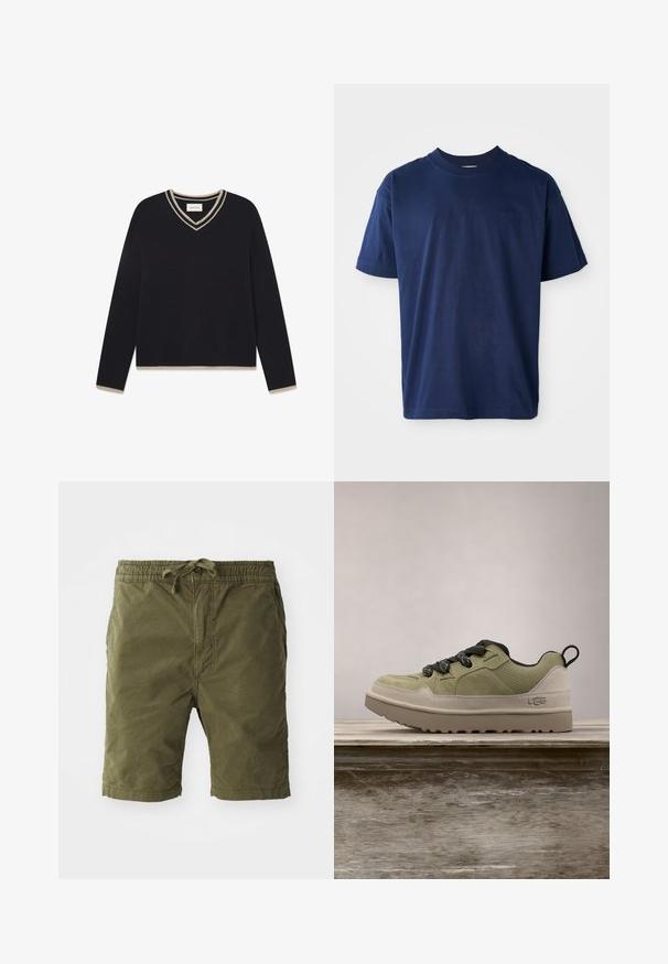 WOOD WOOD WWCOBEK V-NECK - Svetrík - salute; Námornícky modré tričko z bavlny s okrúhlym výstrihom, krátkymi rukávmi a jemne vyrazeným logom na hrudi. Jednoduchý plochý dizajn, mäkká štruktúra.; Olivové kraťasy vyrobené z mäkkej, textúrovanej tkaniny. Majú elastický pás s šnúrkou a bočné vrecká.; Zelené a šedé tenisky s textúrovaným vrchom, čiernymi šnúrkami a hrubou, svetlošedou podrážkou, umiestnené na prírodnom pozadí.