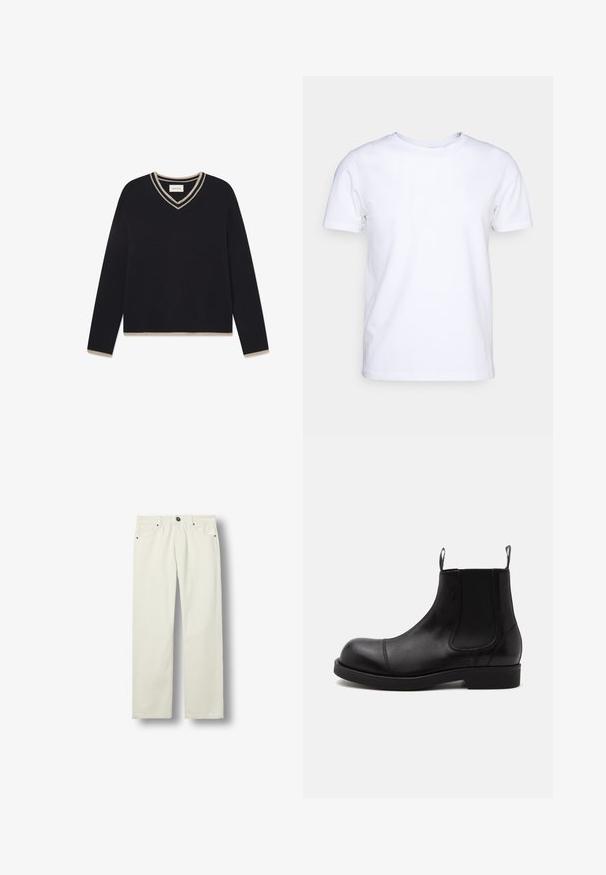 WOOD WOOD WWCOBEK V-NECK - Pullover - salute; T-shirt blanc à manches courtes en tissu de coton avec un col rond. Design simple sans motifs ni accents. Texture lisse.; Jean droit écru avec poches avant, passants de ceinture, fermeture par bouton et détails en rivets métalliques, présenté sur fond blanc.; Bottine Chelsea en cuir noir à bout arrondi, panneaux latéraux élastiques, languettes à l’avant et à l’arrière, semelle plate, vue de côté sur fond blanc.
