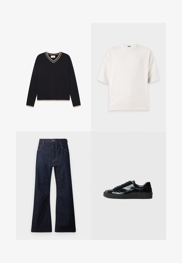 WOOD WOOD WWCOBEK V-NECK - Svetrík - salute; Jednofarebné biele tričko s krátkym rukávom a okrúhlym výstrihom, voľný strih a malý trojuholníkový detail šitia pod golierom.; Tmavomodré rifľové nohavice so zvonovým strihom, žltými stehovými detailmi, piatimi vreckami a zipsom. Majú horizontálne švy nad kolenami.; Čierne lakované kožené tenisky s okrúhlou špičkou, viazaním, textúrovanou gumenou podrážkou a hladkým povrchom.