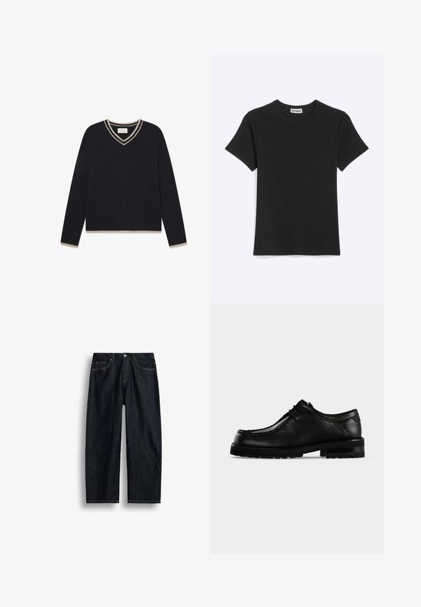 WOOD WOOD WWCOBEK V-NECK - Strickpullover - salute; Schlichtes schwarzes T-Shirt mit kurzen Ärmeln und Rundhalsausschnitt, mit einem Weekday-Markenetikett im Kragen, dargestellt vor weißem Hintergrund.; Dunkelblaue Jeans mit geradem Bein, gelben Nähten, vorderen Taschen und Knopfverschluss in der Taille.; Schwarzer Leder-Schnürschuh mit dicker Gummisohle und Moc-Toe-Naht, von der linken Seite vor hellem neutralem Hintergrund gezeigt.