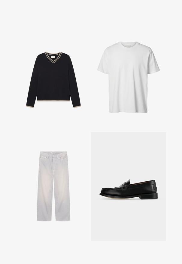 WOOD WOOD WWCOBEK V-NECK - Džemper - salute; Lihtne valge lühikeste varrukatega ümara kaelusega t-särk, lõdva istuvusega, esiküljel pole nähtavaid logosid või mustreid.; Heledat hallid sirge säärega teksad ees oleva nupu ja tõmblukuga, vööaugud ning viie taskuga disain, sildiga "Wood Wood Type 3".; Meeste must nahast loafer madala kontsa ja mokasiini-tüüpi õmblusega varbaosas, küljelt vaadatuna, ühevärvilise taustaga.