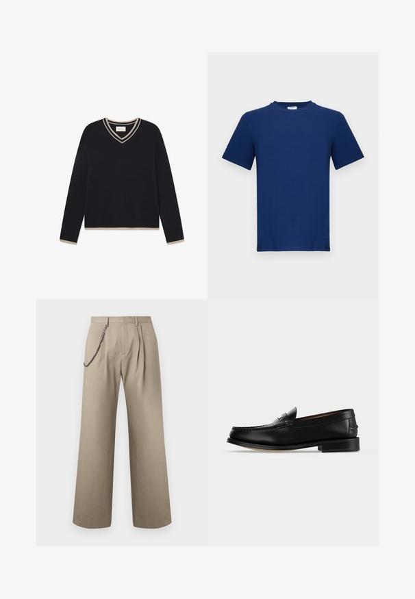 WOOD WOOD WWCOBEK V-NECK - Svetrík - salute; Námornícky modré tričko s krátkym rukávom vyrobené z bavlny. Má okrúhly výstrih a rovný strih, s hladkou textúrou a bez viditeľných vzorov.; Béžové nohavice s širokými nohavicami, predné záhyby a kovový reťaz pripevnený k ľavému opaskovému očku na štýl.; Čierne kožené pánske mokasíny s nízkym podpätkom a šitím v štýle mokasín na špičke, zobrazené z boku na jednoldom pozadí.