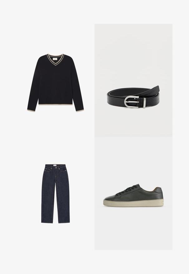 WOOD WOOD WWCOBEK V-NECK - Strickpullover - salute; Dunkelblaue Jeans aus Denim mit geradem Bein und hoher Taille, ausgestattet mit Vordertaschen und kontrastierenden Steppnähten. Keine sichtbaren Gebrauchsspuren.; Schwarzer Low-Top-Lederschuh mit schwarzen Schnürsenkeln und cremeweißer Gummisohle, von der Außenseite vor weißem Hintergrund gesehen.; Schwarzer Kunstledergürtel mit Krokodilstruktur und einer silbernen runden Schnalle, aufgewickelt auf einem schlichten weißen Hintergrund.