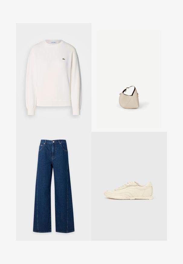 Biela mikina vyrobená z mäkkej textílie, s klasickým okrúhlym výstrihom, dlhými rukávmi, ribovanými manžetami a malým zeleným logom Lacoste na hrudi.; Tmavomodré rifle s širokými nohavicami, zapínaním vpredu na gombík a zips, prednými a zadnými vreckami a viditeľnými detailmi švov.; Nízke krémové tenisky s vlnovitým prešívaním, šnurovaním a rebrovanou podrážkou, zobrazené z boku na jednoduchom pozadí.; Béžová kožená kabelka v tvare polmesiaca s jedným ramenným popruhom a minimálnym prešitím, na jednoduchom bielom pozadí.