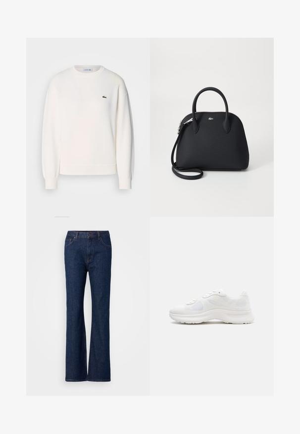 Sudadera blanca hecha de tela suave, con un cuello redondo, mangas largas, puños acanalados y un pequeño logo verde de Lacoste en el pecho.; Jeans de mezclilla azul acampanados con cintura alta, que cuentan con una textura suave, cierre de botón metálico y diseño de cinco bolsillos.; Zapatilla deportiva blanca de corte bajo con parte superior de malla y tela texturizada, suela acolchada y cierre de cordones, mostrada en vista lateral.; Bolso de mano negro hecho de un material texturizado, con dos asas superiores y una correa de hombro desmontable, con un acento de logo plateado.