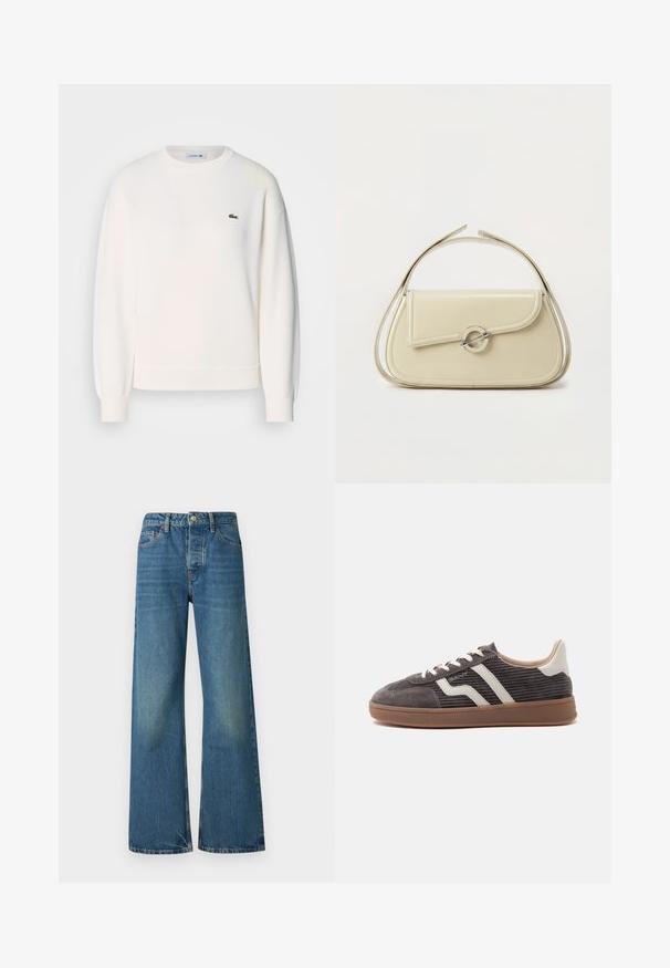 Sweatshirt blanc en tissu doux, avec un col rond, des manches longues, des poignets côtelés et un petit logo vert Lacoste sur la poitrine.; Jean en denim bleu à pattes larges avec un délavage, design à cinq poches et fermeture à bouton et fermeture éclair standard. Tissu en coton durable.; Basket gris foncé unique avec des accents en cuir blanc, des côtés texturés, des lacets blancs et une semelle en caoutchouc marron, présentée de profil sur un fond uni.; Sac à main en cuir crème avec rabat incurvé, fermoir circulaire en argent et poignée courte sur le dessus, sur fond blanc uni.