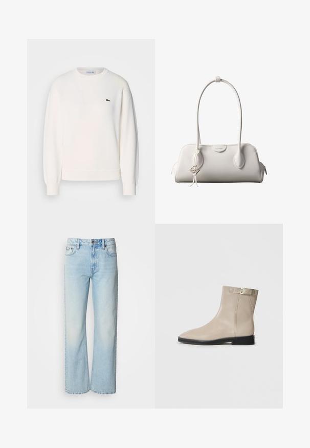 Sweatshirt blanc en tissu doux, avec un col rond, des manches longues, des poignets côtelés et un petit logo vert Lacoste sur la poitrine.; Jeans à jambes larges bleu clair en denim, présentant un design classique à cinq poches et une texture légèrement décolorée. La couture en denim est visible.; Bottes en cuir beige à la cheville avec un bout pointu, semelle noire, talon bas et une sangle à boucle dorée sur le côté externe, présentées sur un fond blanc.; Sac à bandoulière blanc Calvin Klein avec longues poignées, forme rectangulaire, fermeture éclair et charm logo décoratif suspendu près de la poignée.