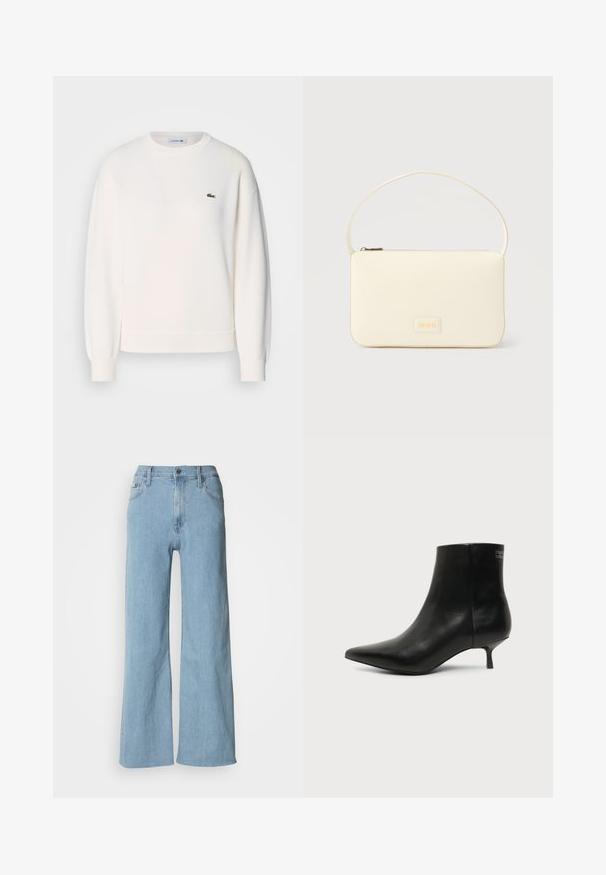 Hvid sweatshirt lavet af blødt stof, med rund halsudskæring, lange ærmer, ribbede manchetter og et lille grønt Lacoste-logo på brystet.; Lyseblå vidde jeans lavet af denim, med en tætsiddende talje, fem-lomme design og subtile syningsdetaljer.; Sort læder ankelstøvle med spids tå og lav kitten hæl på lys baggrund, der viser yderside.; Kremfarvet rektangulær håndtaske med en enkelt rem og lynlås øverst, med en lille præget logo-plakette foran.