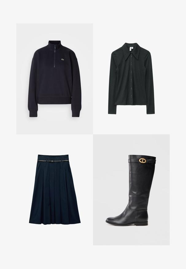 Marineblå sweatshirt med høj krave og lynlås i kvart længde, med lange ærmer og ribbet kant. Inkluderer et lille grønt logo på brystet.; Langærmet, mørkegrå skjorte lavet af blødt stof. Har en bred krave og knaplukning foran med matchende mørke knapper.; Navyblå plisseret midi-nederdel med høj talje og et tyndt sort bælte med lille guldspænde.; Sorte læderknæhøje støvler med rund tå, flad sål og en dekorativ spænde i guldfarve på kanten. Glat tekstur med minimale detaljer.