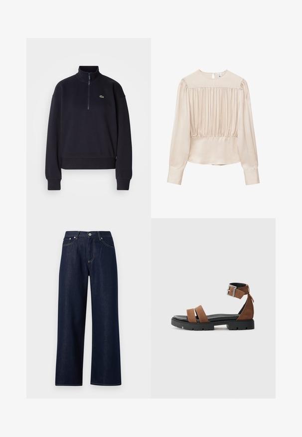 Marineblå sweatshirt med høj krave og lynlås i kvart længde, med lange ærmer og ribbet kant. Inkluderer et lille grønt logo på brystet.; Beige langærmet bluse med rynket forstykke, rund halsudskæring, knaplukning bagpå og brede manchetter.; Mørkeblå denimbukser med vide ben, forrest med knap- og lynlåslukning, bæltestropper og synlige gule sømme på lommer og syninger.; Brune lædersandaler med to brede remme, ankelrem med sølvspænde og tekstureret sort sål. Minimalistisk design.