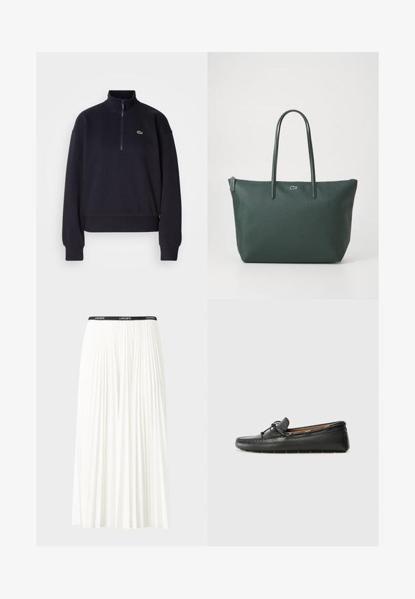 Sweatshirt bleu marine avec col haut et zip quart, doté de manches longues et d'un ourlet côtelé. Comprend un petit logo vert sur la poitrine.; Jupe plissée blanche avec une taille élastique noire portant le logo "LACOSTE". Design mi-long avec une texture douce.; Bateau en cuir noir avec un bout arrondi, des détails de couture, un petit accent en nœud et une semelle en caoutchouc. Texture lisse et design épuré.; Sac fourre-tout vert foncé en matériau texturé avec deux longues poignées, comportant un petit logo à l'avant et une fermeture éclair.