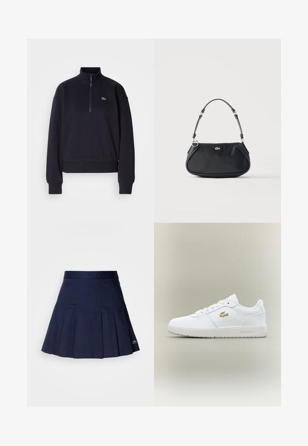 Marineblauwe sweatshirt met een hoge kraag en kwart-rits, voorzien van lange mouwen en een ribbelzoom. Inclusief een klein groen logo op de borst.; Marineblauwe plooienrok met een aangesloten tailleband, gemaakt van een soepele stof. Beschikt over een klein Lacoste-logo op de zoom.; Witte leren sneakers met een laag ontwerp, ronde neus, vetersluiting en een gouden Lacoste-logoaccent aan de zijkant.; Zwarte schoudertas met verstelbare riem, ritssluiting en klein zilverkleurig krokodillenlogo aan de voorkant in het midden.